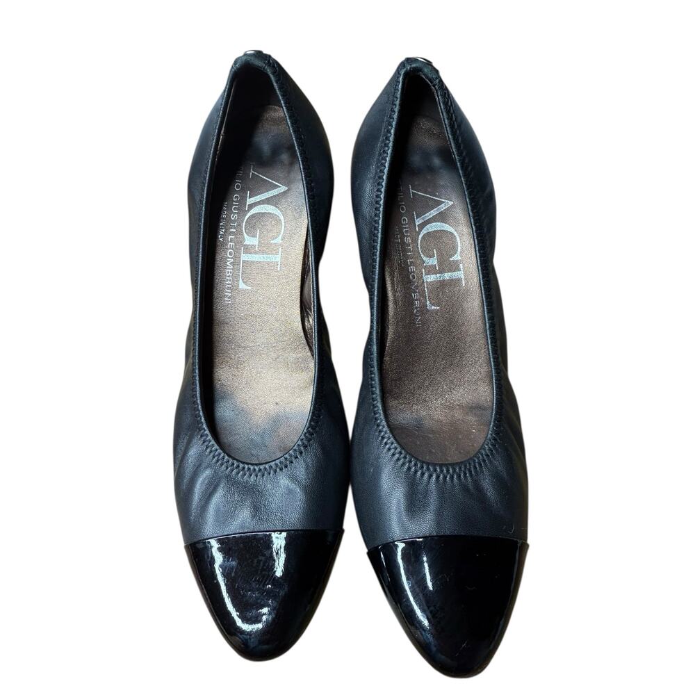 AGL Attilio Giusti Leombruni Black Leather Cap Toe Block Heel Pumps Size 38 - Picture 2 of 8